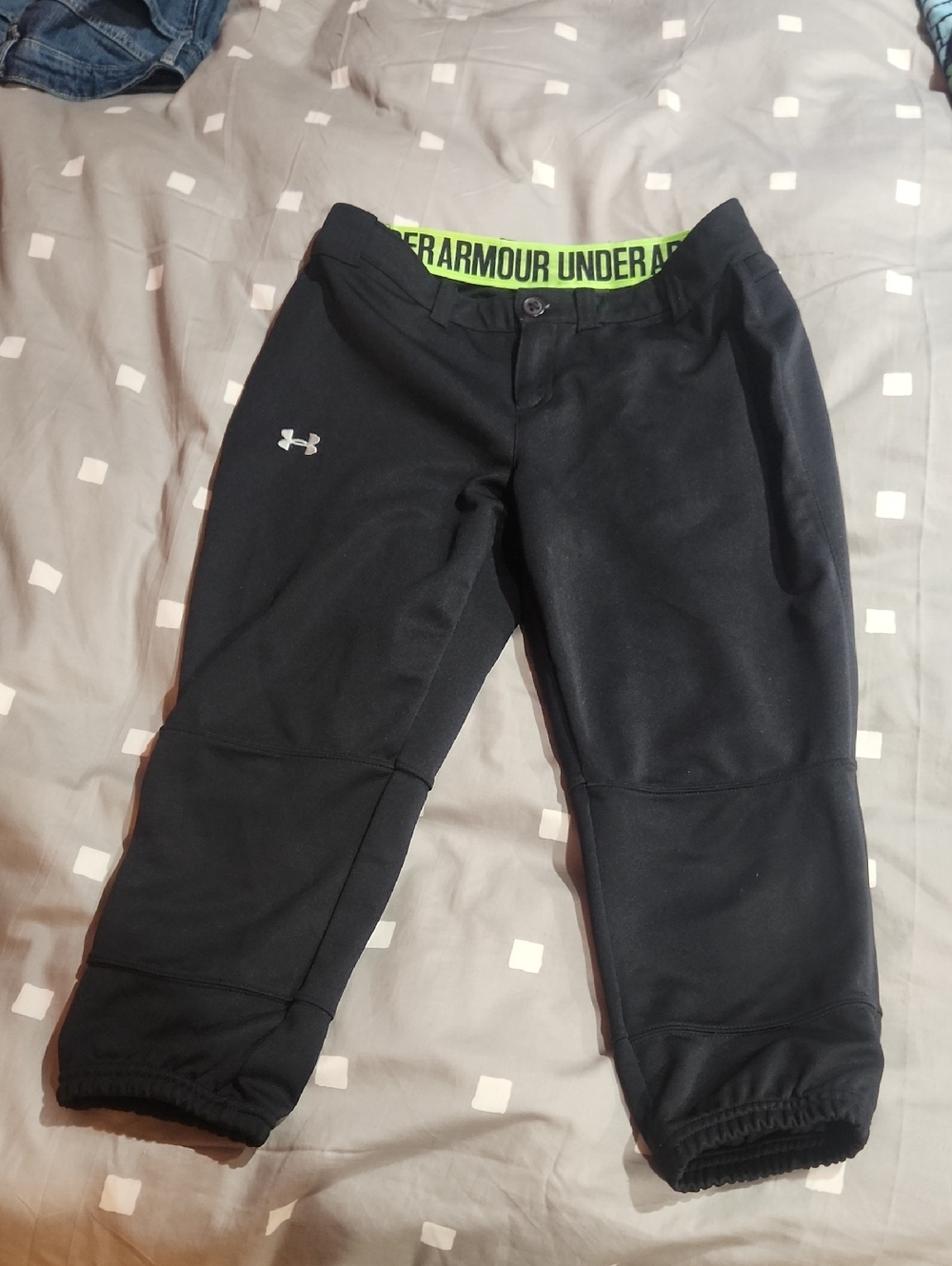 Under Armour Black Softball Pants Inner Neon Green Branded Waistband MEDIUM